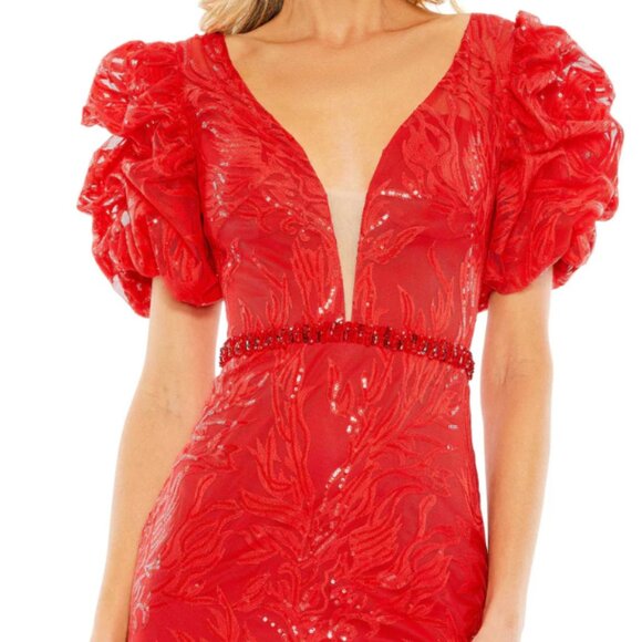 MAC DUGGAL 12421 EMBELLISHED PUFF SLEEVE PLUNGE NECK TRUMEPT RED GOWN sz 8 - Picture 3 of 5
